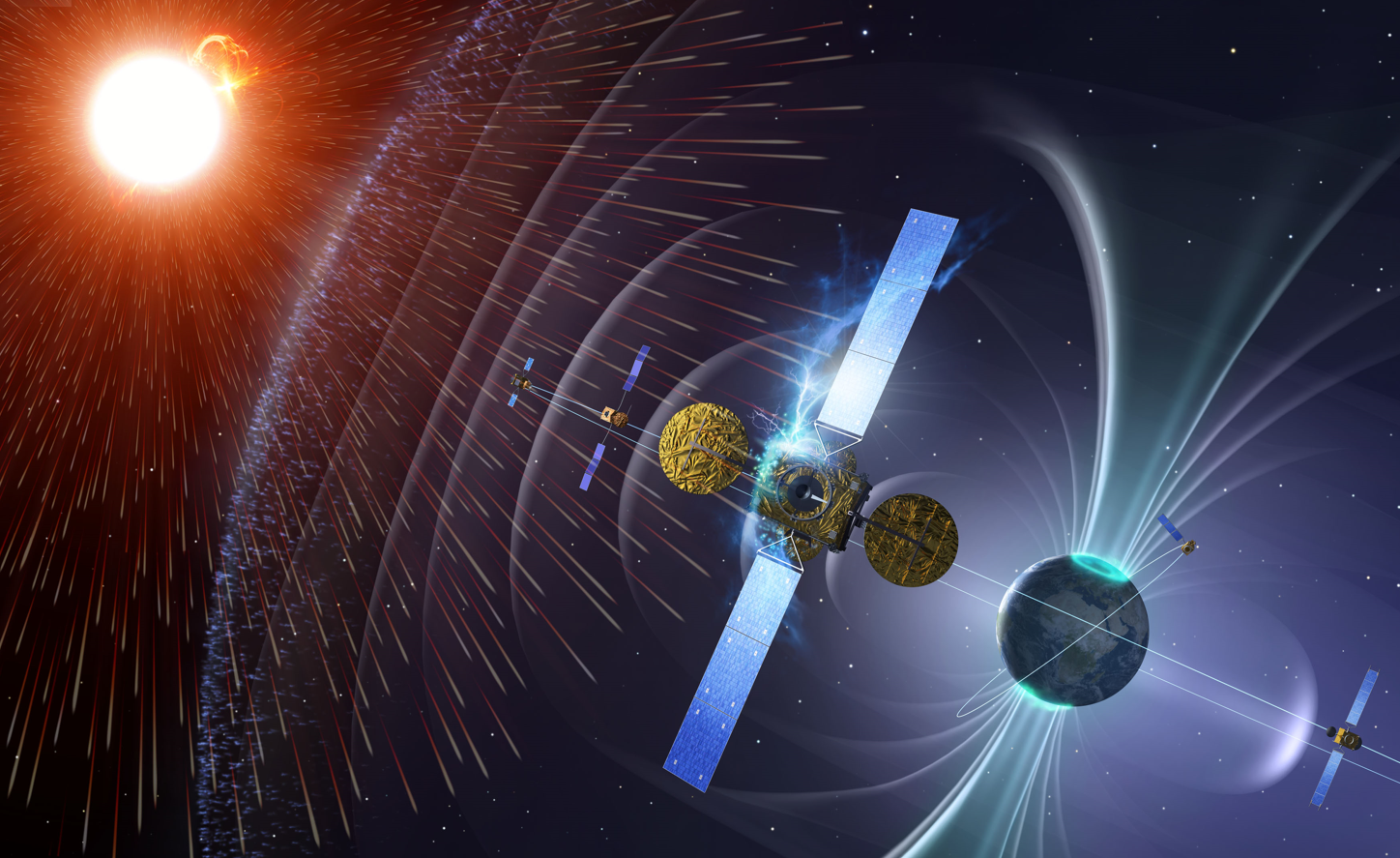Satellite en orbite terrestre exposé à un événement solaire à particules, très ionisant et à d'autres effets comme des décharges électrostatiques. Source image : SSA - ESA